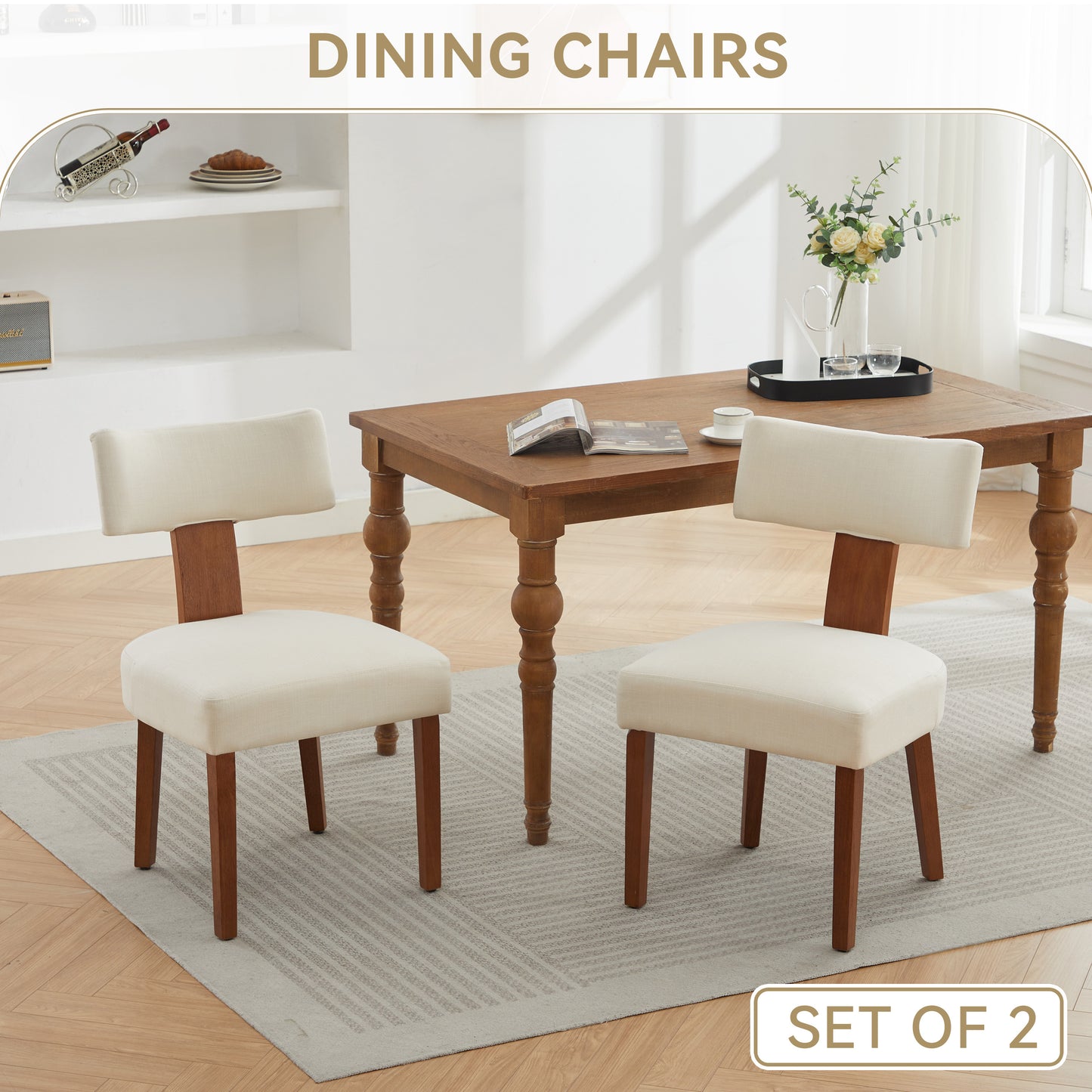 Set of 2 Modern Beige Linen Dining Chairs with Curved Backrest