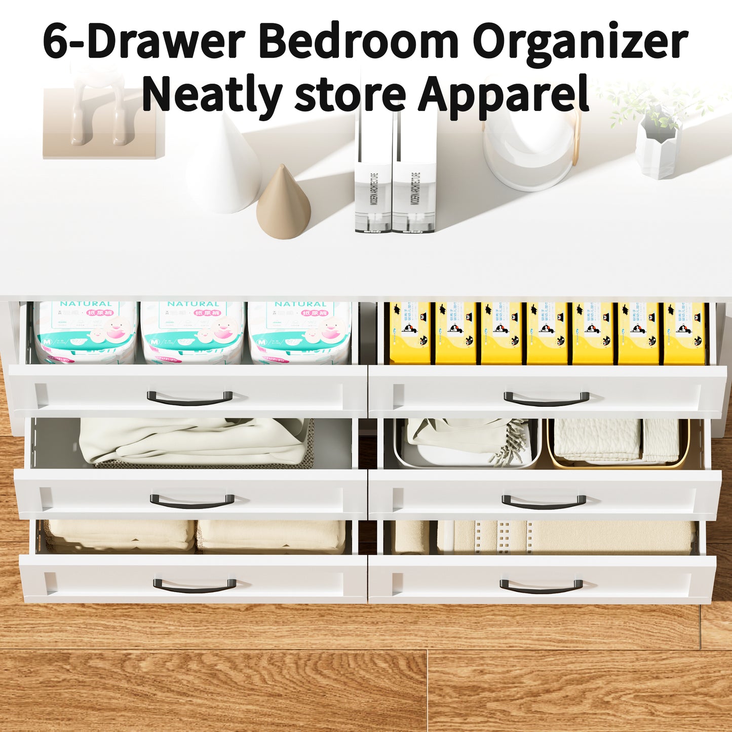 6 Drawer Dresser For Bedroom, Modern Metal Storage Chest With