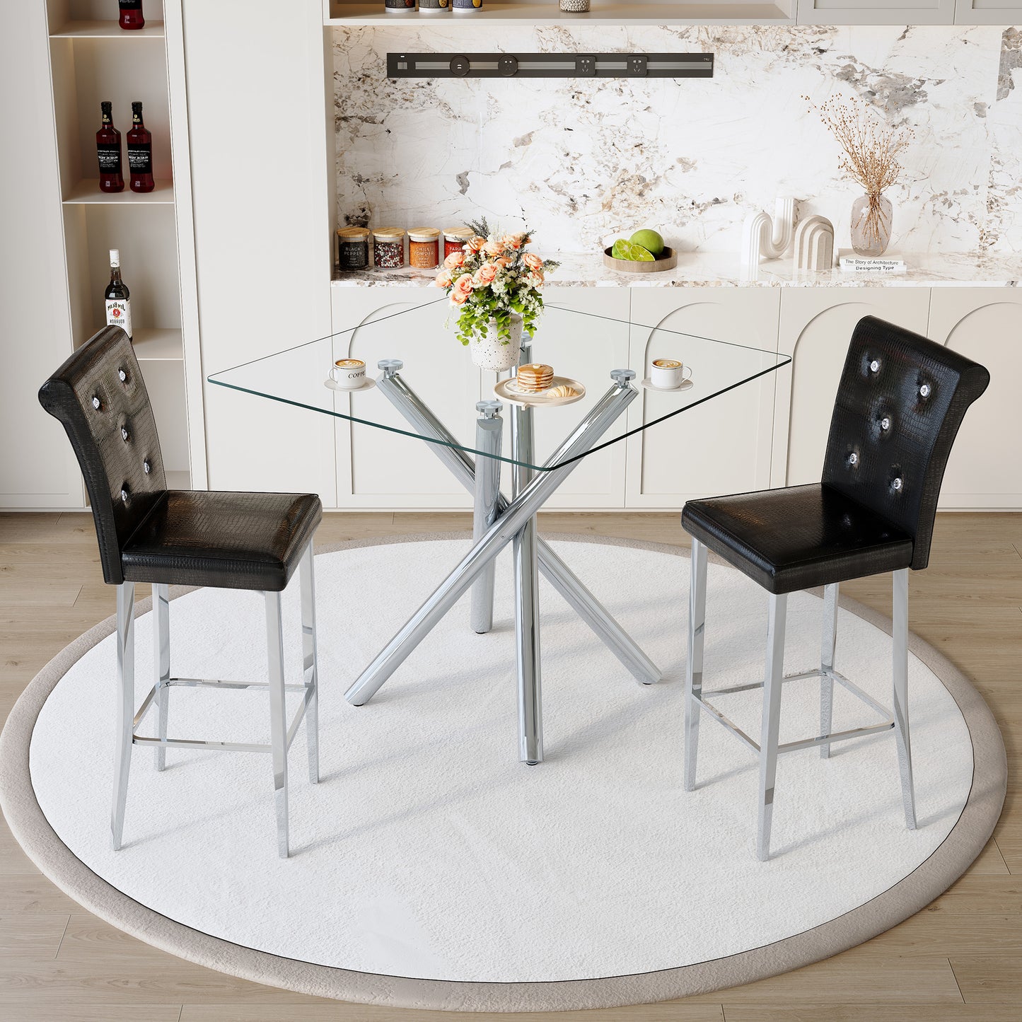 Modern Glass Bar Table Set with Fixed-Height Stools - Black & Silver