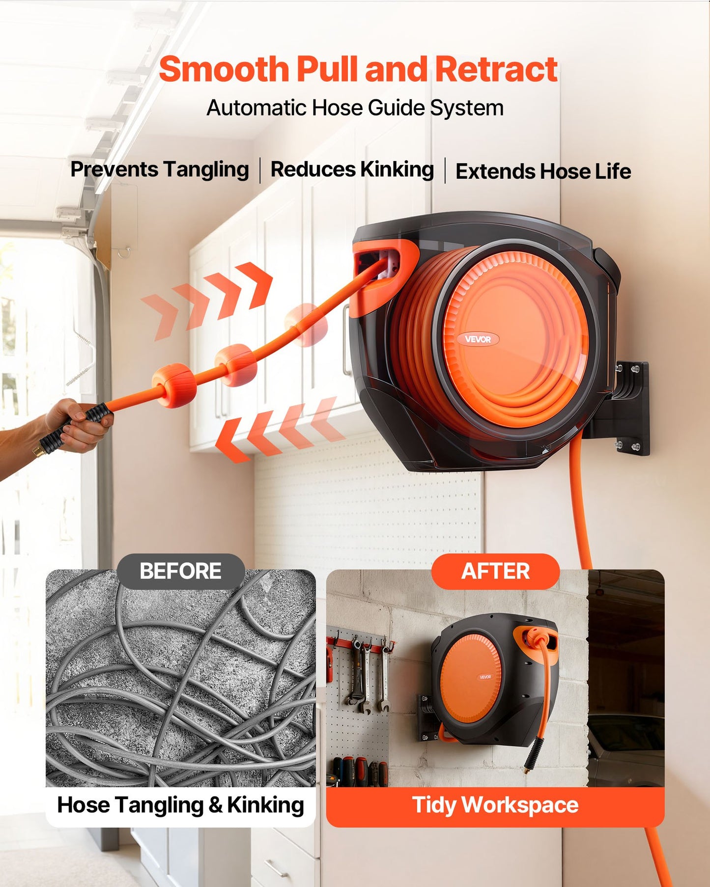 Retractable Air Hose Reel 80ft 3/8 Inch Hybrid Air Hose with Auto Rewind