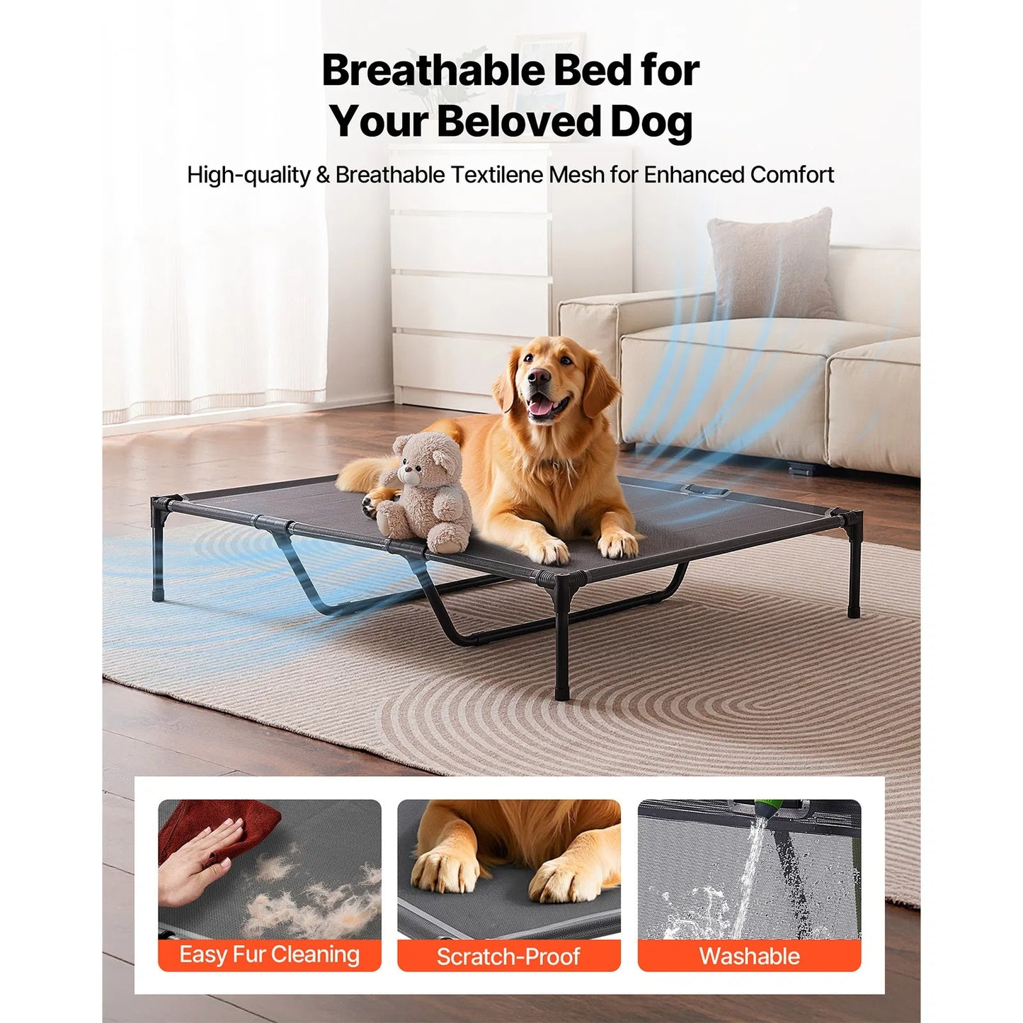 Large Elevated Dog Bed with Steel Frame & Breathable Mesh - Indoor & Outdoor