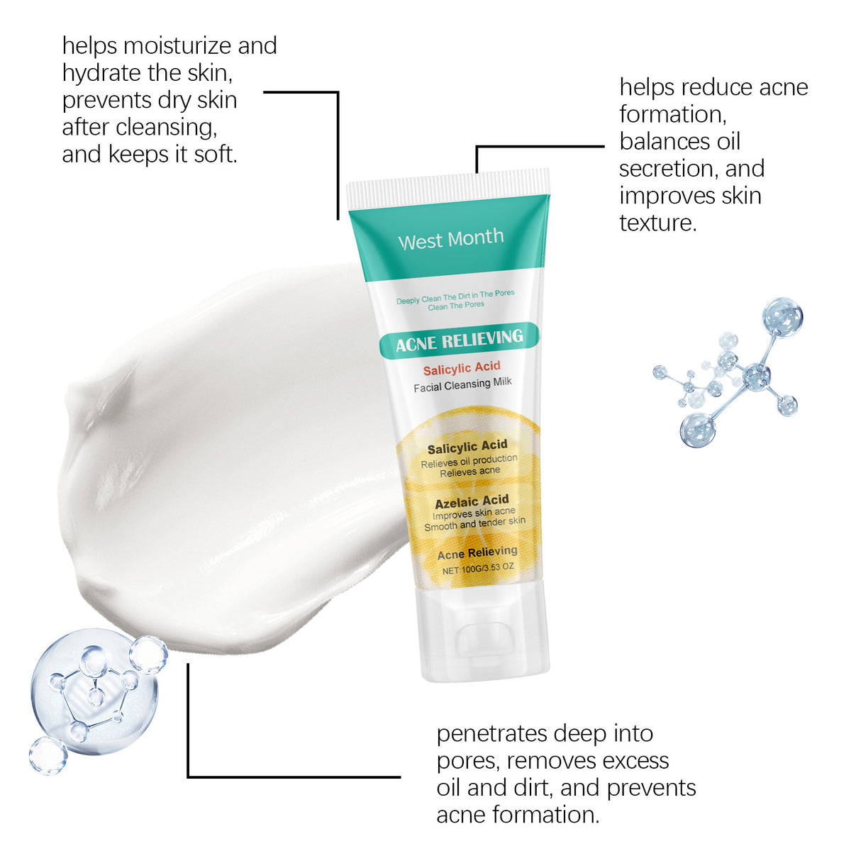 Salicylate Acne Facial Cleanser - Moisturizing 100g for Clear Skin