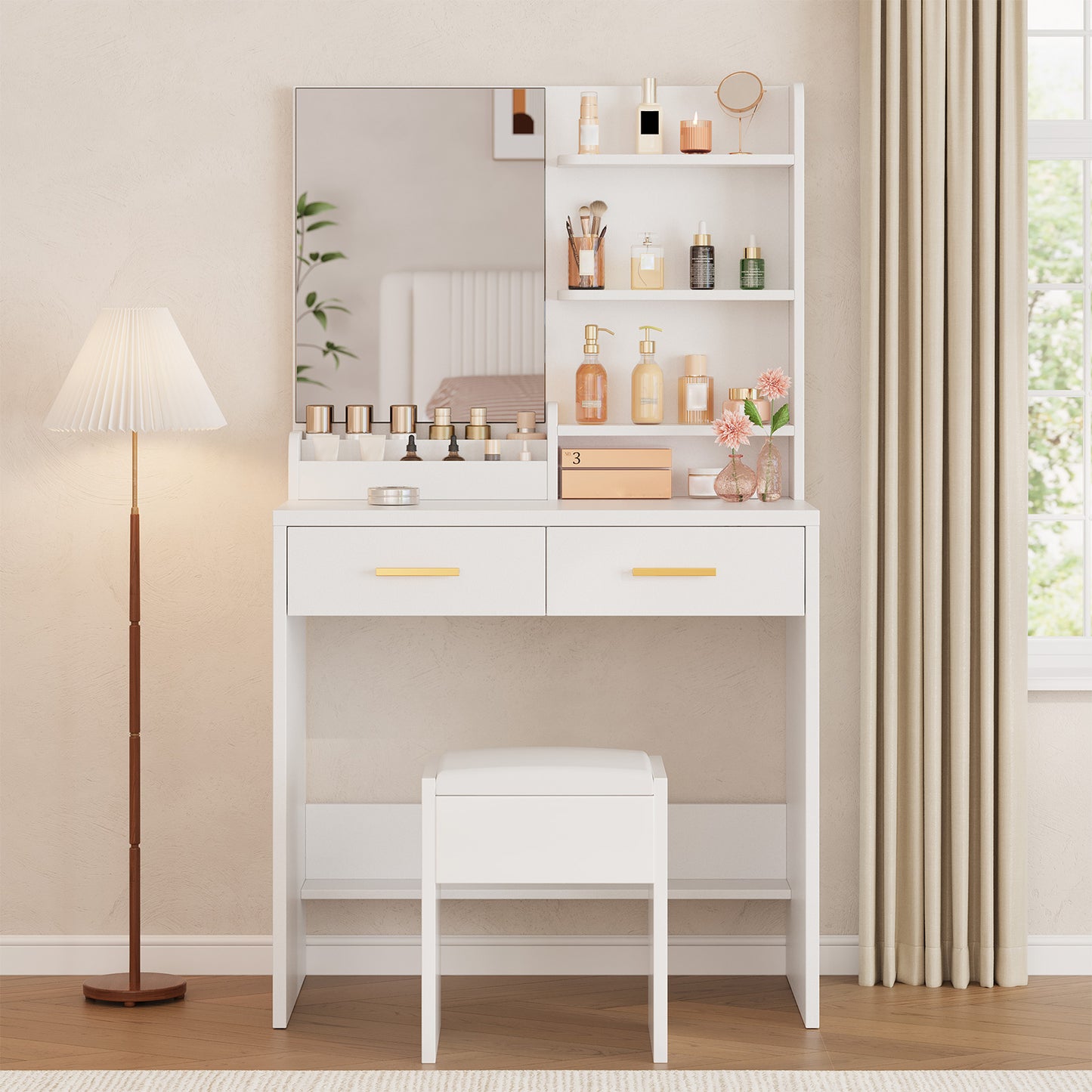 Vanity Table With Mirror 2 Drawers 3 Open Shelves Elegant White