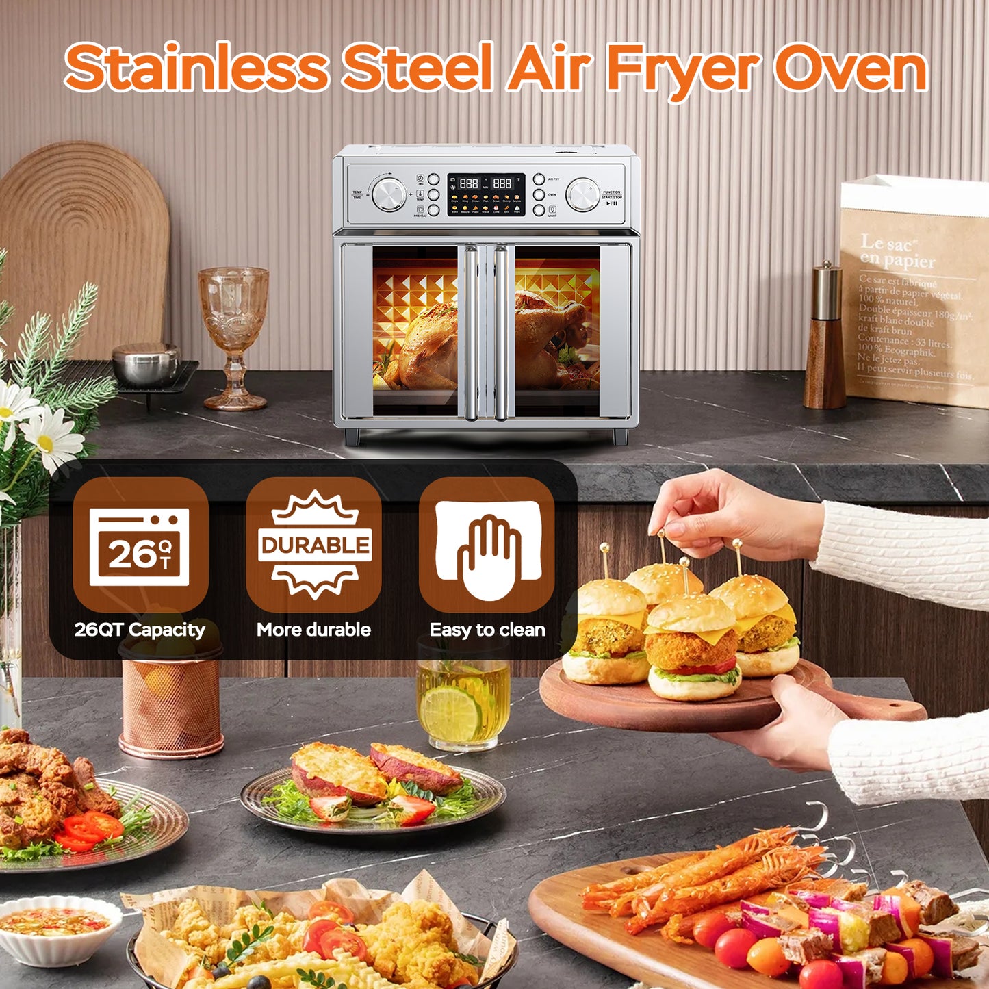 29.5QT Digital French Door Air Fryer Toaster Oven - 14 Presets, Stainless Steel