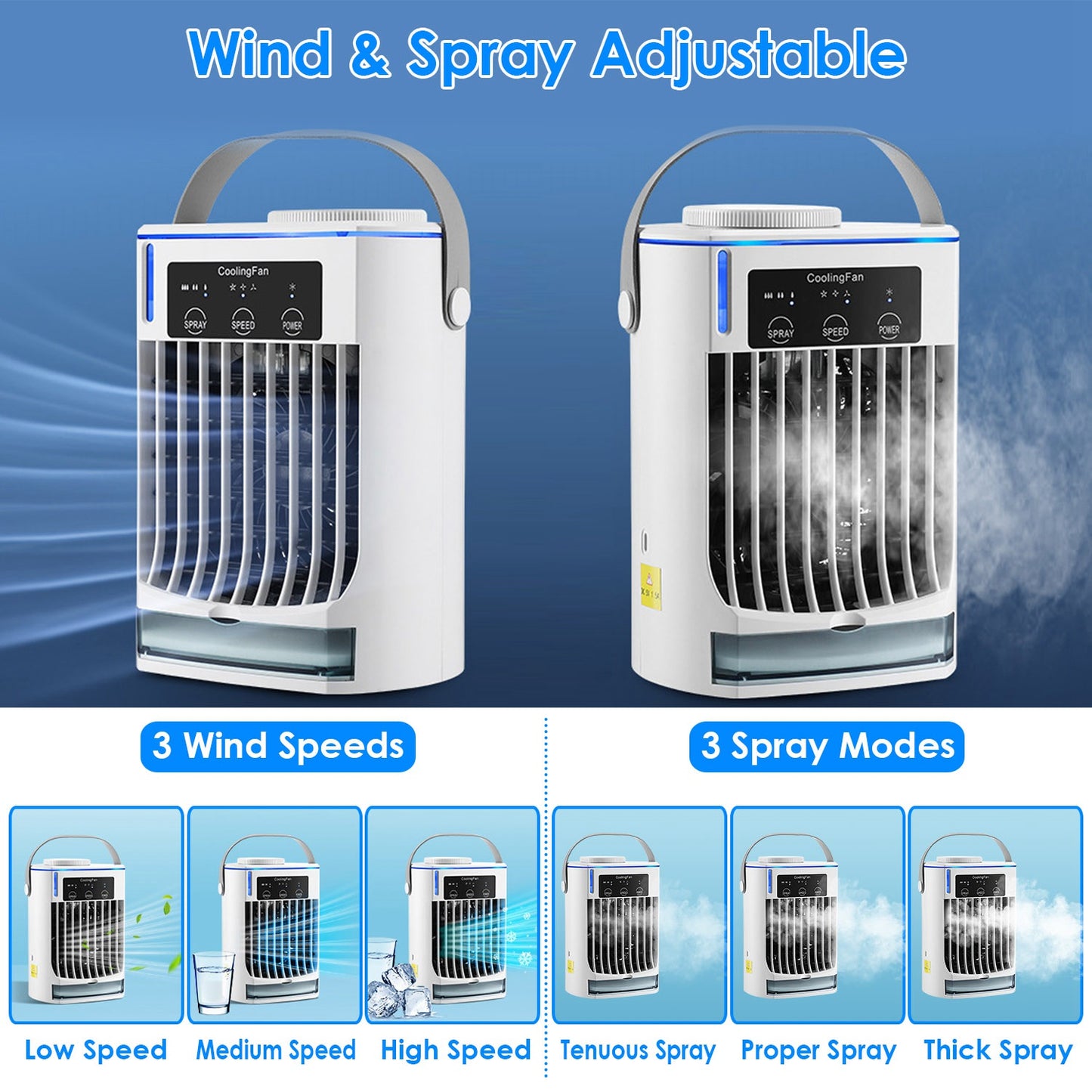 Portable Air Conditioner Fan with Humidifier & Night Light - White