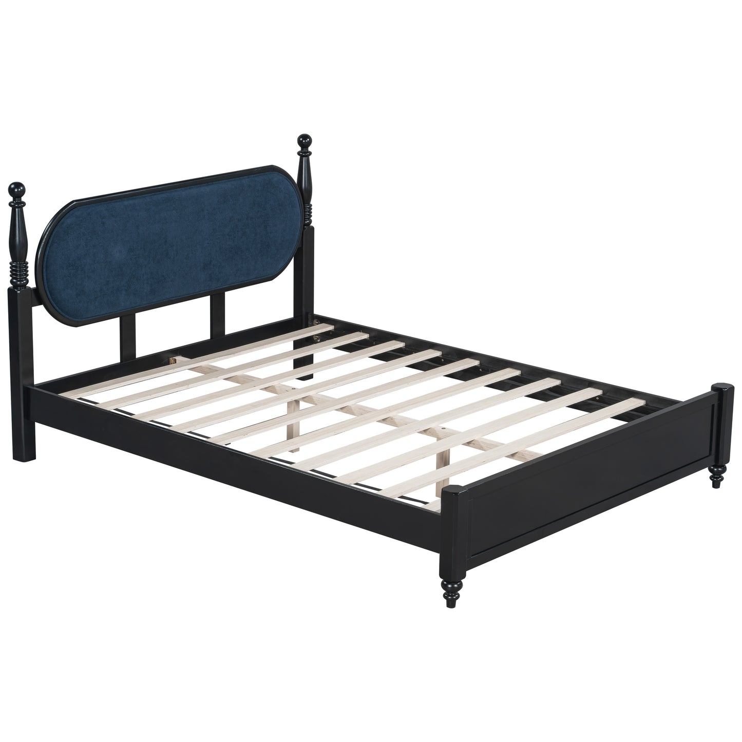 Queen Bed Frame - Solid Wood Platform with Navy Blue & Black Upholstered Headboard