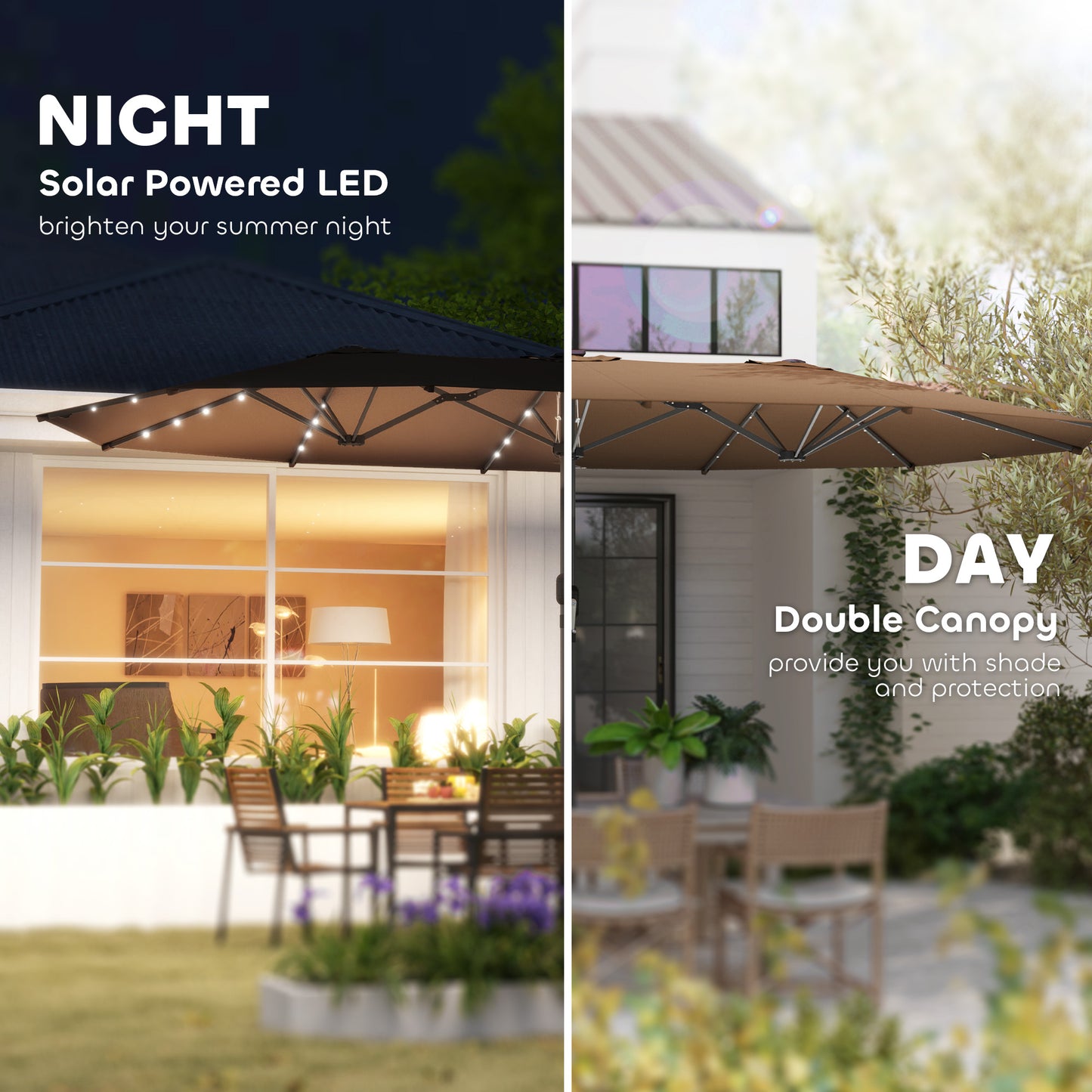 Double-Sided Sun Umbrella with Solar LED Lights - Coffee