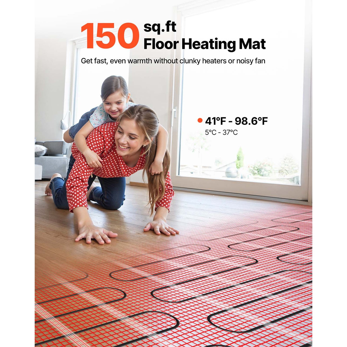 150 Sqft Self-Adhesive Electric Floor Heating Mat System with Thermostat