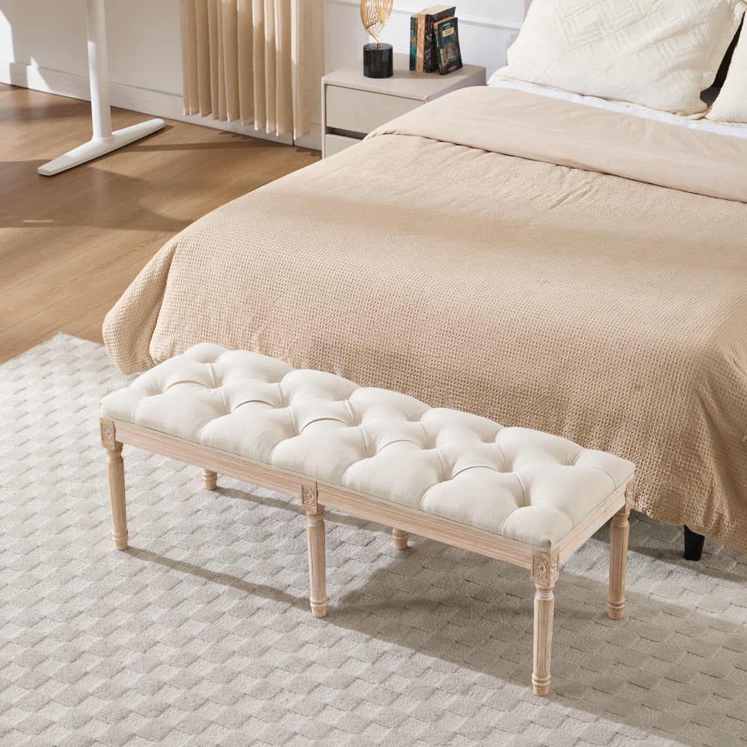 French Vintage Tufted Bedroom Bench - Cream Upholstered Ottoman