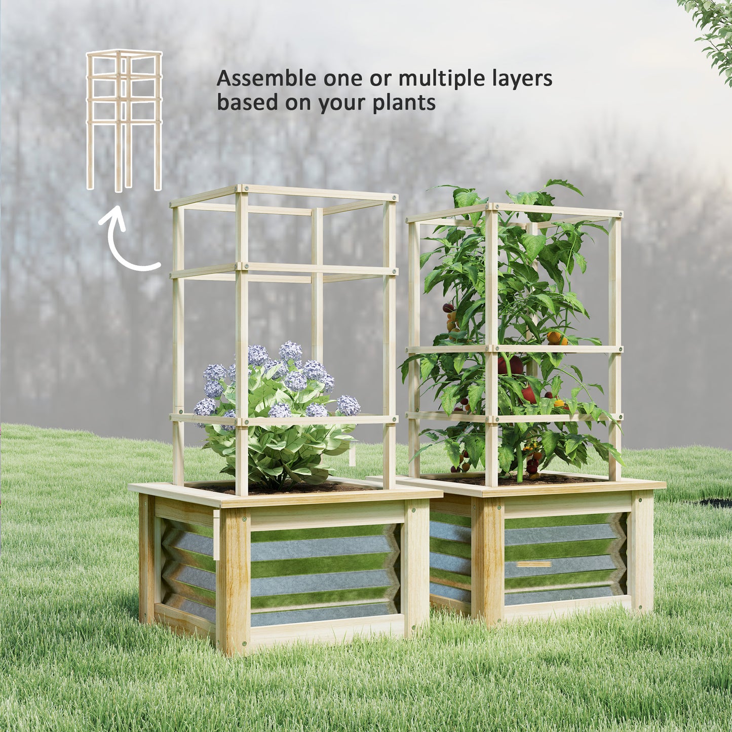 Wooden Raised Garden Bed with Trellis - Outdoor Vegetable Planter, 17.7x17.7x35.4 Inches
