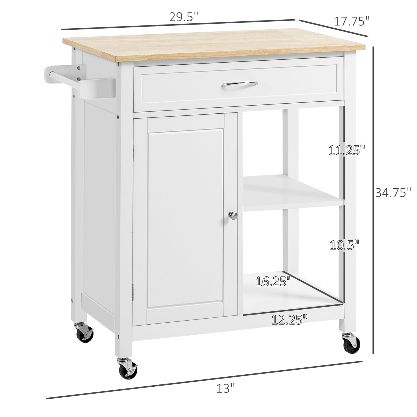Rolling Kitchen Island Cart with Storage Shelf - White