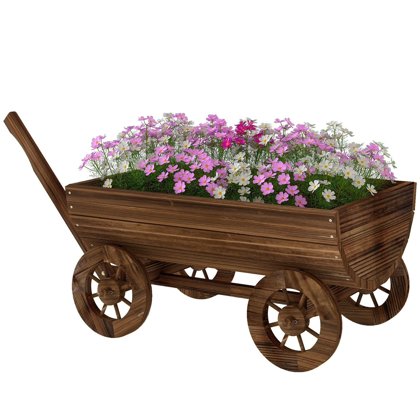 Wooden Wagon Planter Box with Wheels - Rustic Garden Flower Cart, Drainage Hole, Small Size