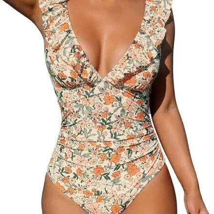 Women's Multi-Color V-Neck One-Piece Swimsuit with Flounce