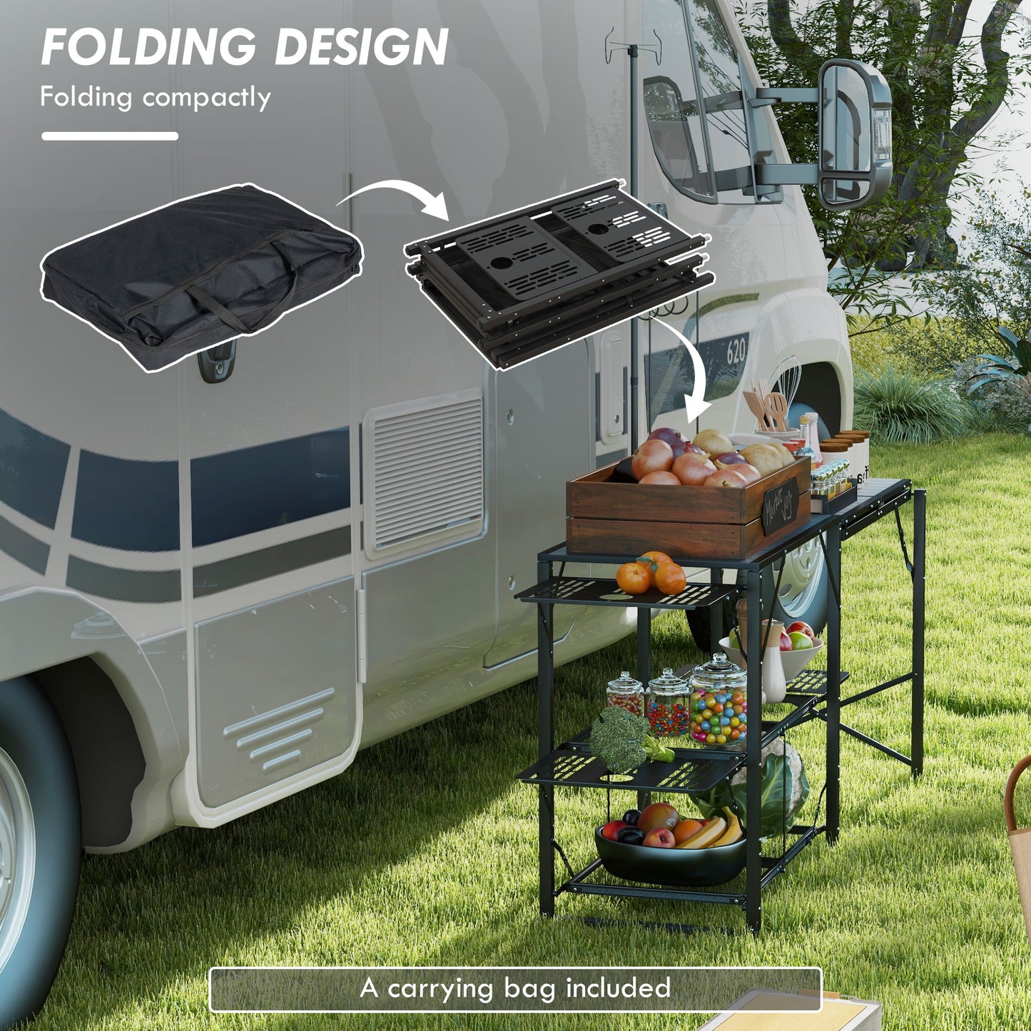 Folding Camping Kitchen Table with Adjustable Lamp Stand