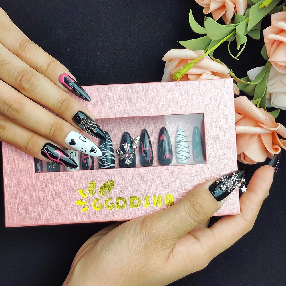 Medium Almond Press On Nails - Handmade Acrylic Eclipse Sketch Design