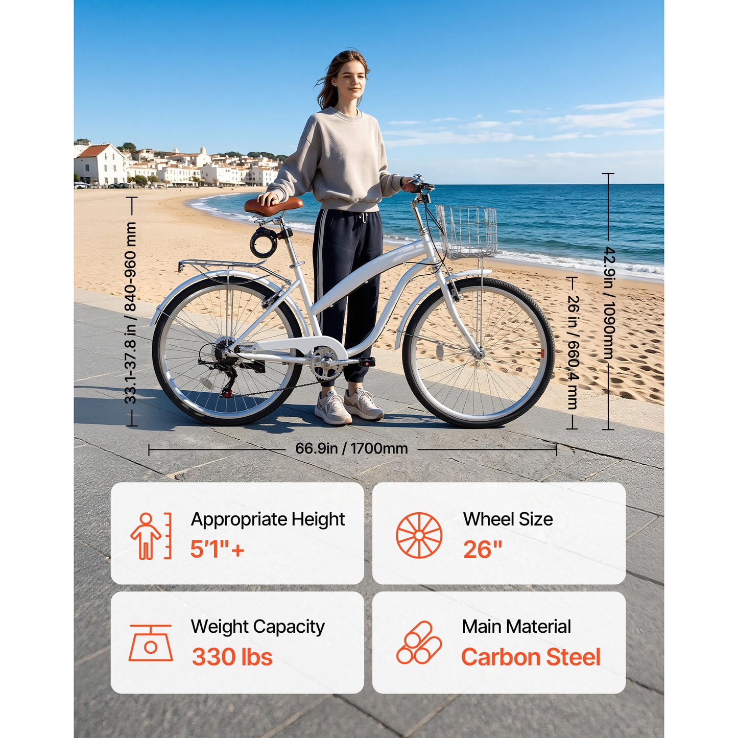 Women’s 26 Inch Beach Cruiser Bike - 7-Speed City Bicycle with Basket & Rear Rack