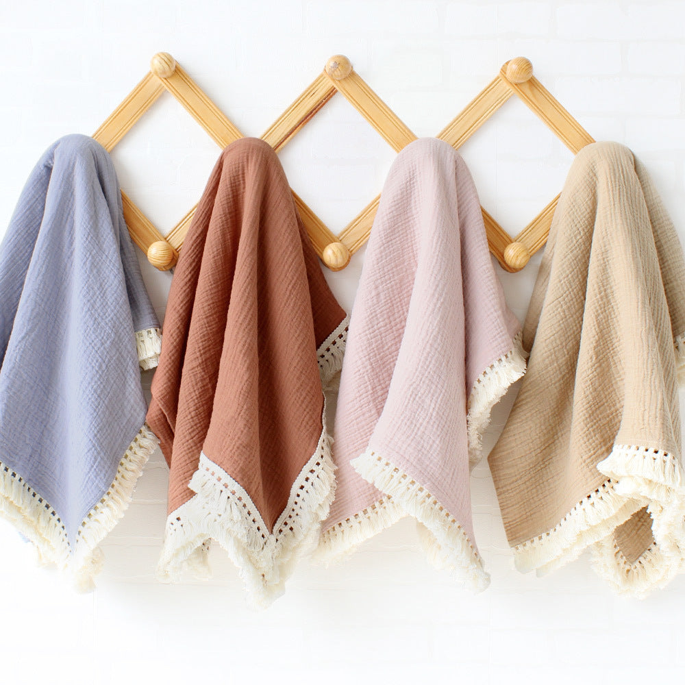 Solid Color Cotton Gauze Baby Blanket with Tassels - 120x120cm