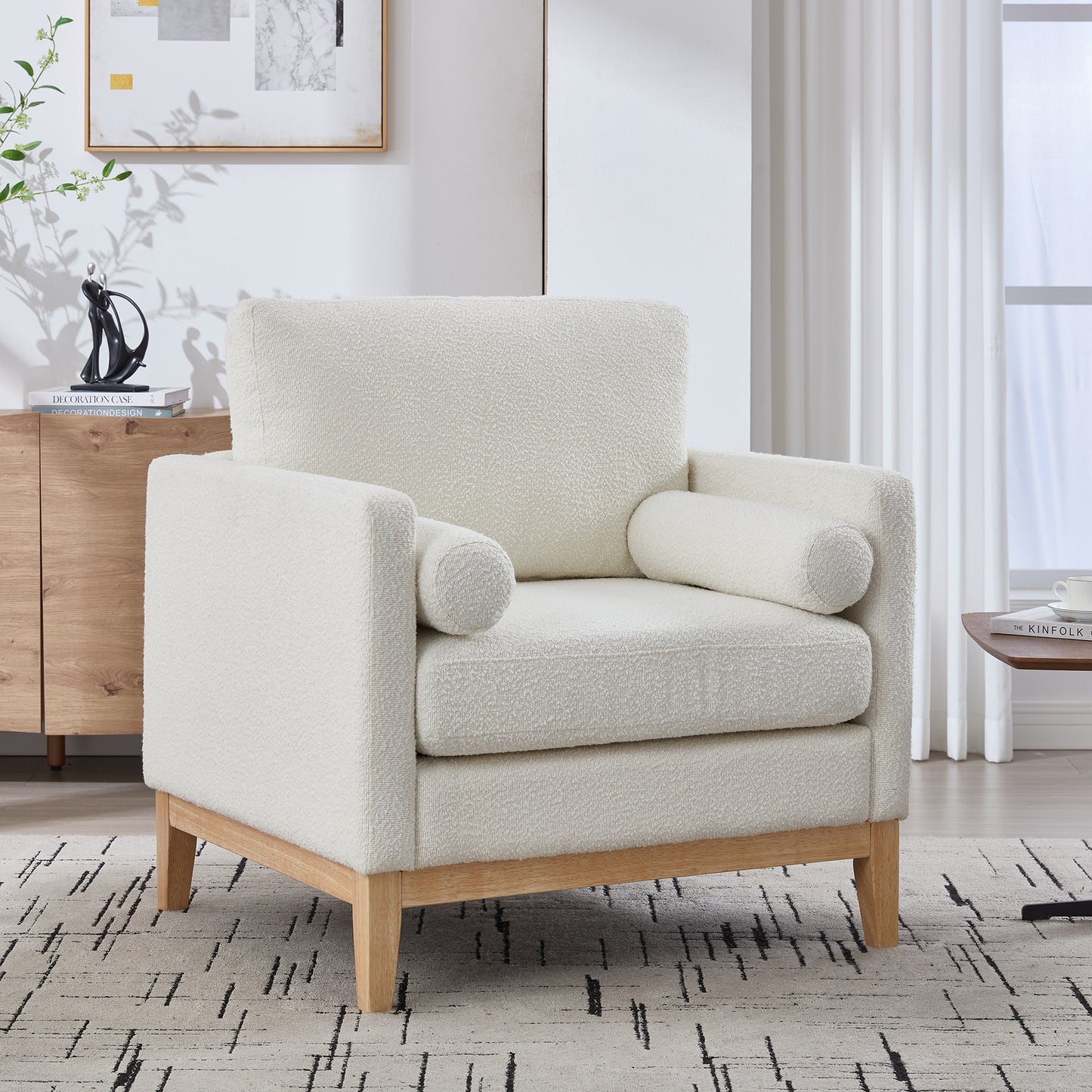 Modern Farmhouse Accent Chair with Wood Legs & Bolster Pillows - Ivory