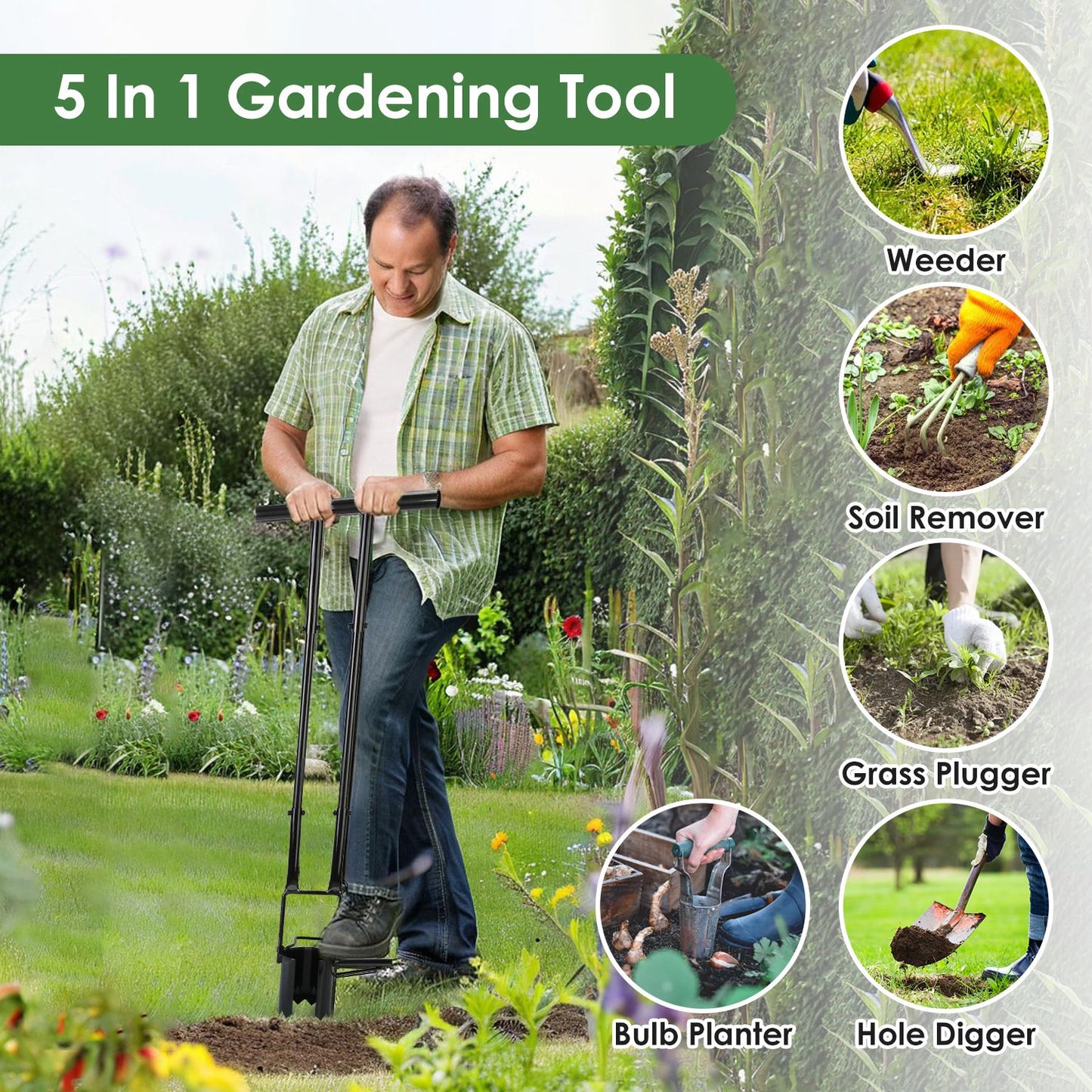 Garden Bulb Planter Tool 5-in-1 Long Handle Gardening Transplanter with Gloves