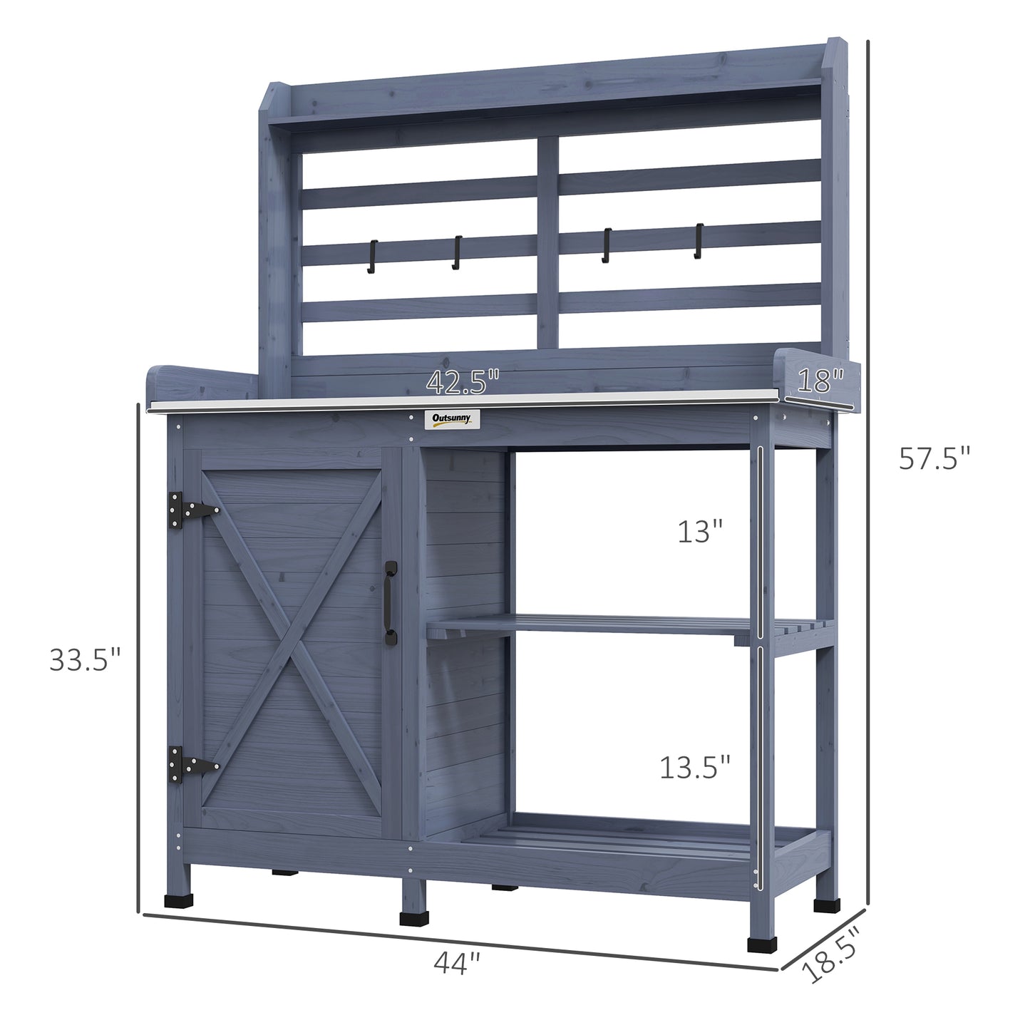 Wooden Potting Bench with Storage and Aluminum Tabletop for Garden, Patio, Balcony - Gray