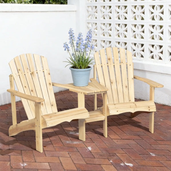 Double Adirondack Chair Set with Table - Natural Fir Wood