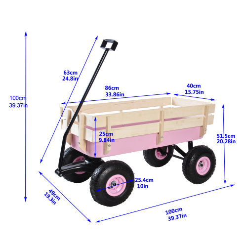 All Terrain Garden Wagon with Wood Railing and Air Tires for Outdoor Use