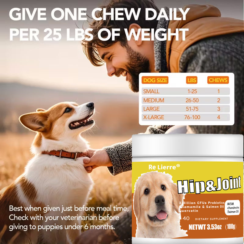 Dog Hip & Joint Supplement - 40 Servings with MSM, Chondroitin & Salmon Oil