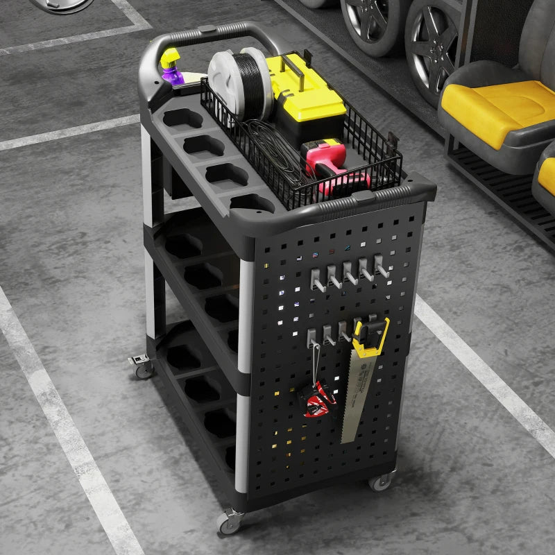 3-Tier Rolling Tool Cart with Side Shelf and Bucket, 200 LBS Capacity, Black & Gray Utility Cart