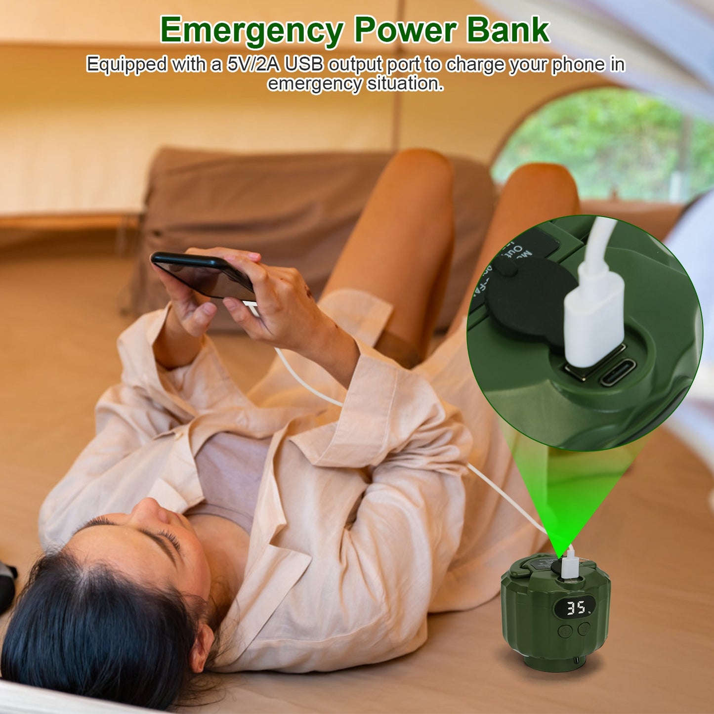 3-in-1 Camping Fan with LED Lantern and Power Bank - Rechargeable, Quiet, Detachable Blades