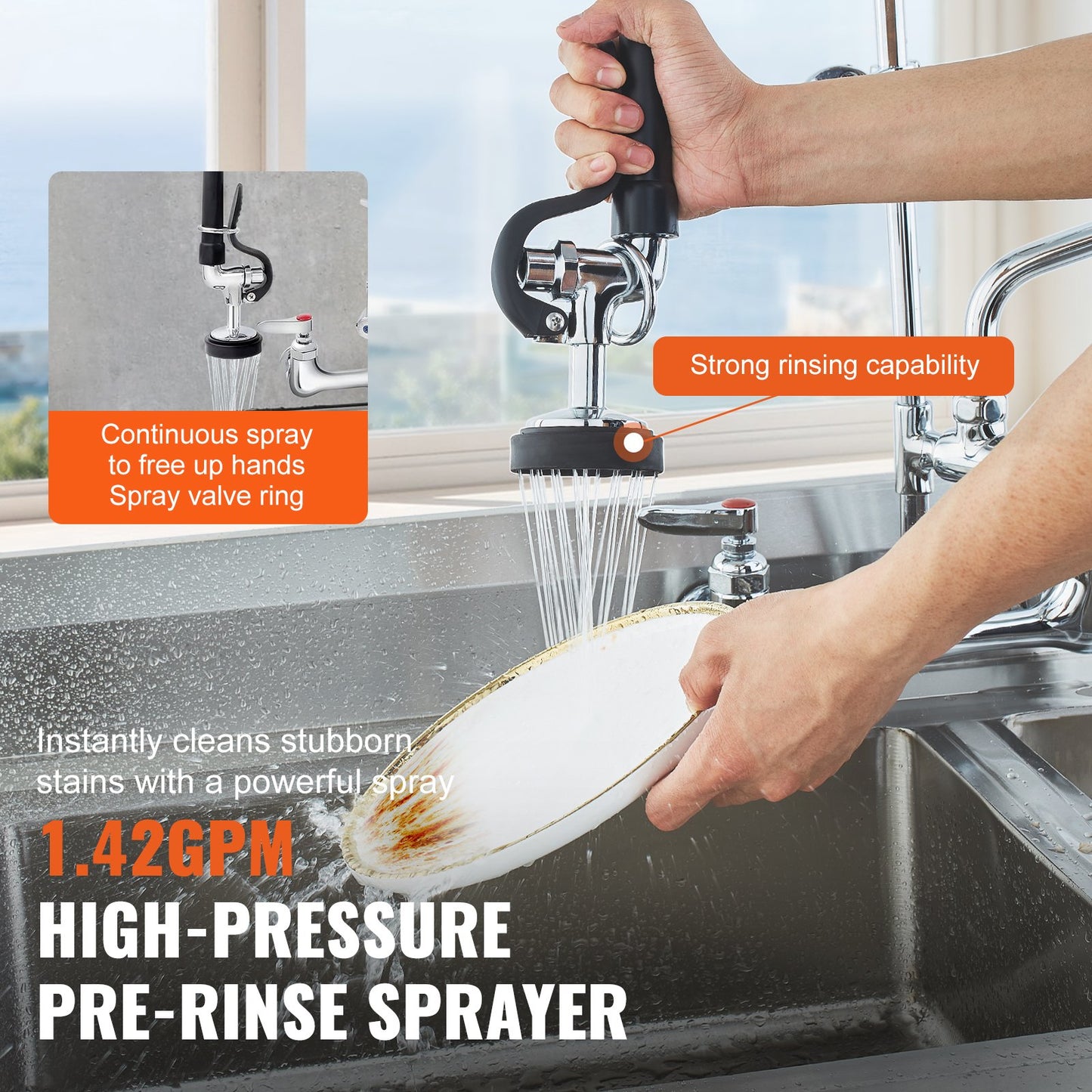 Wall-Mounted Commercial Faucet with Pre-Rinse Sprayer - 25" Height