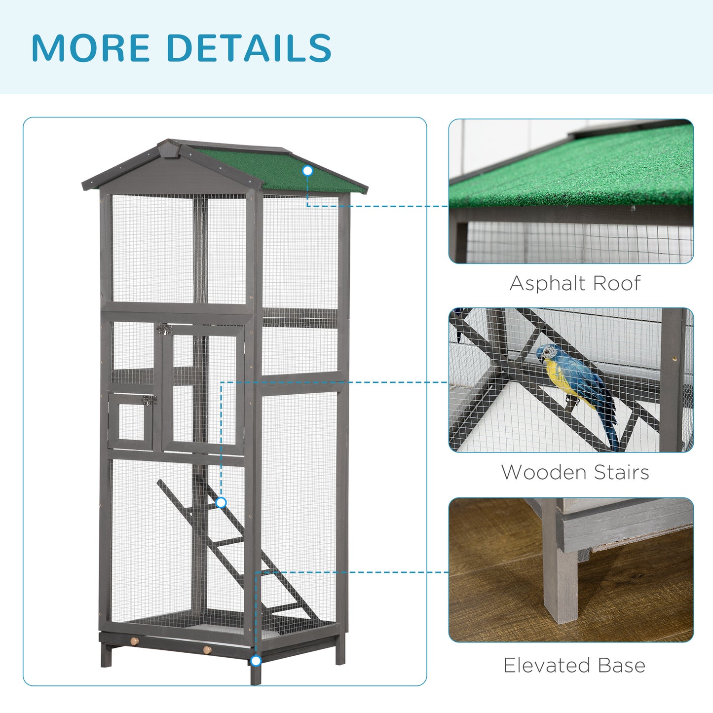 65-Inch Outdoor Wooden Bird Cage for Parrots & Small Birds with Pull-Out Tray - Grey