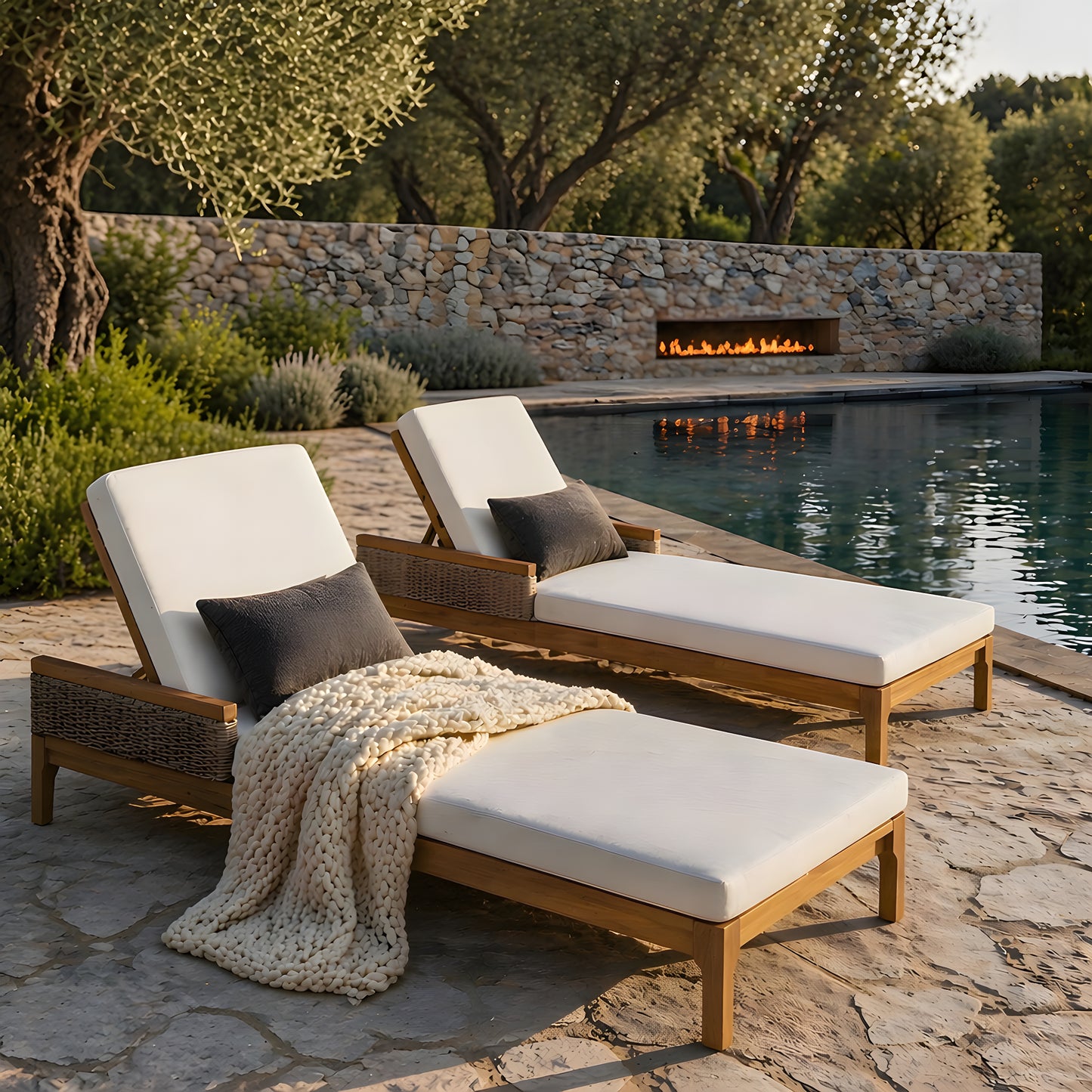 76.8" Solid Acacia Wood Sun Chaise Lounger Set of 2 - Beige Cushions & Grey Wicker