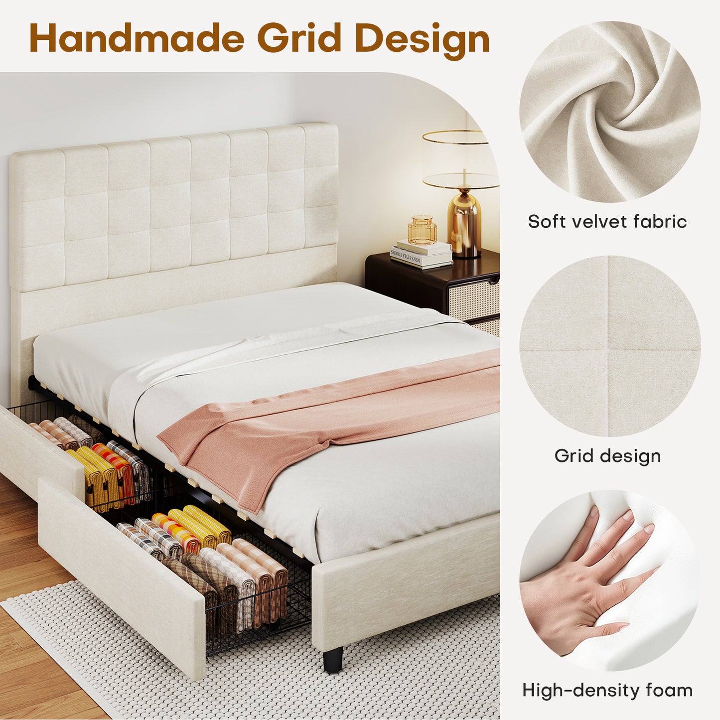 Bed Frame Upholstered Vertical Channel Headboard With 4 Storage