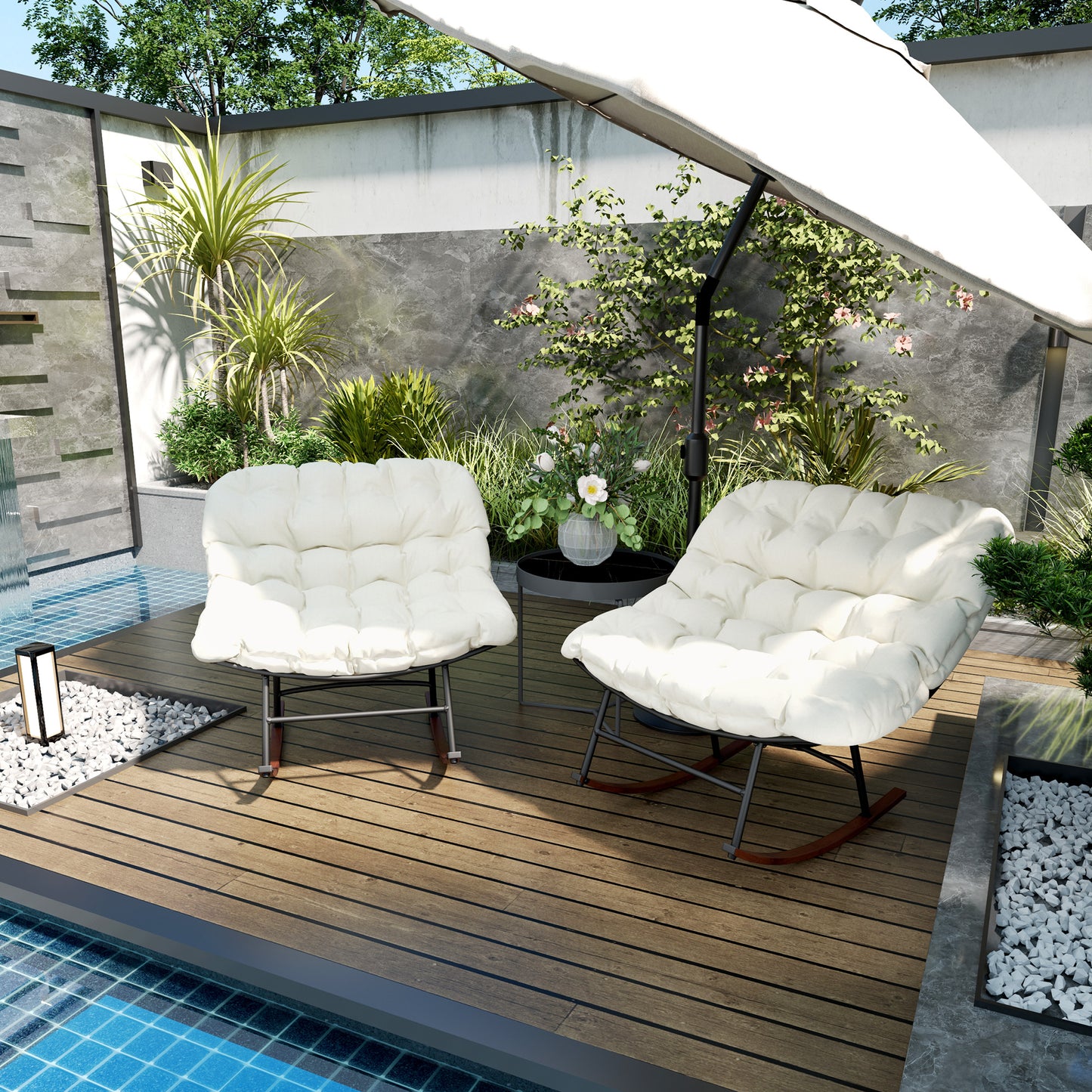 Oversized Outdoor Rocking Chair Set of 2 with Cushions - Beige