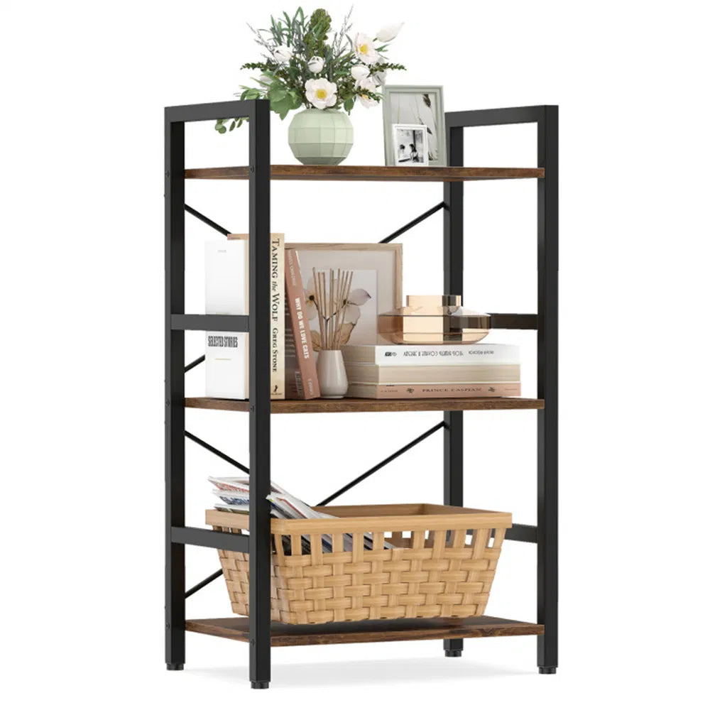 4-Tier Industrial Bookshelf - Rustic Brown & Black, Heavy-Duty Metal Frame