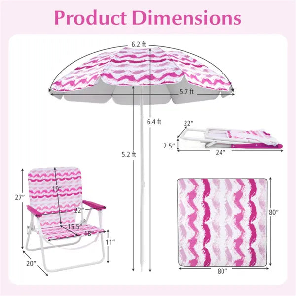 4-Piece Beach Set with 6.2ft Sun-Proof Umbrella & 2 Chairs - Pink