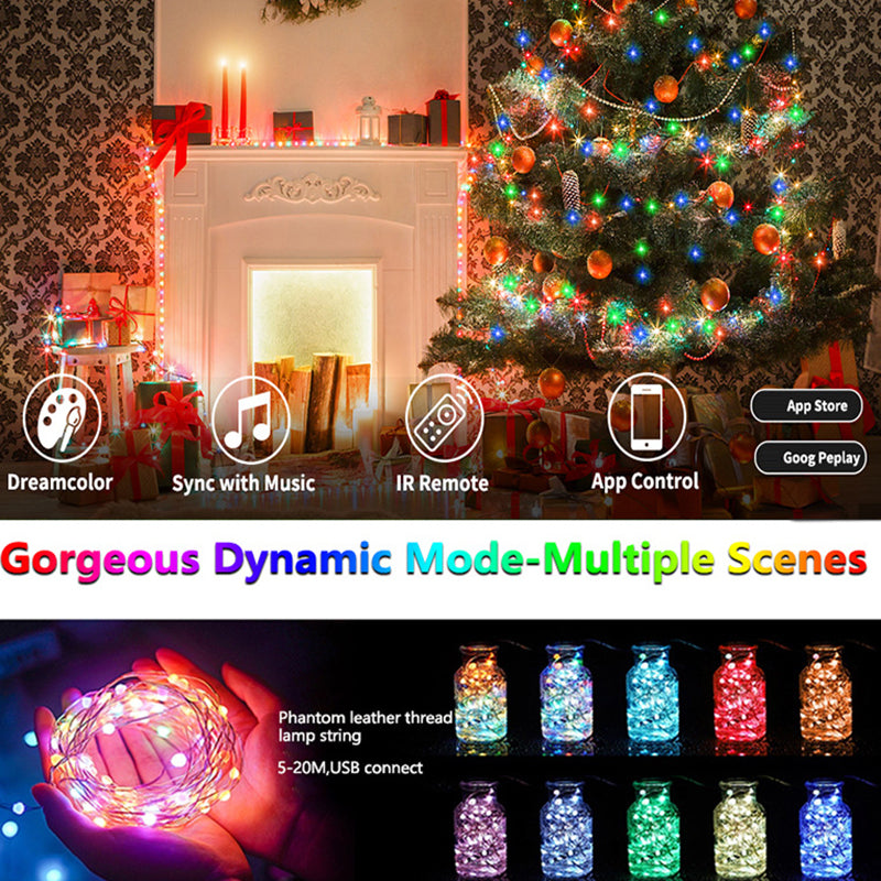 Outdoor RGB LED Rope Lights with Remote Control - 200 LEDs, Plug-In, Durable String Lighting