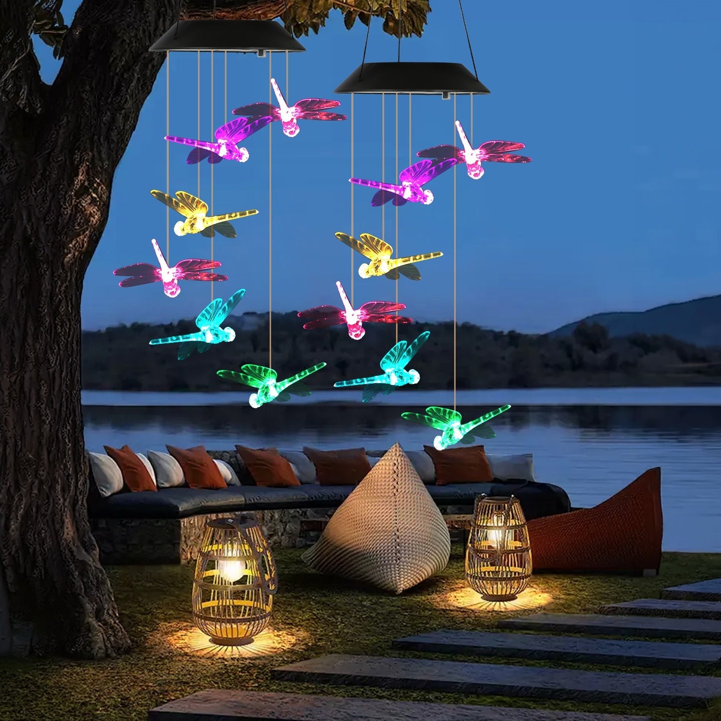 Solar Wind Chimes - 2 Pack Color Changing LED Dragonfly Lights