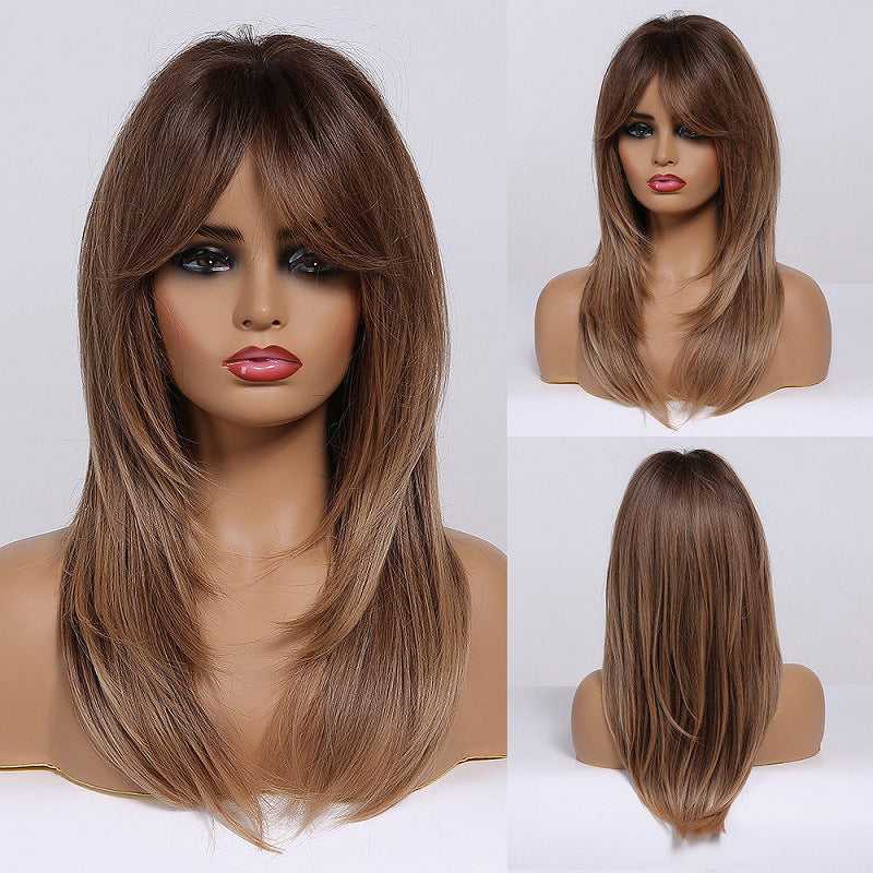 Mid-Length Straight Hair Wig with Gradient Colors for Ladies - Synthetic Fiber, Multiple Shades