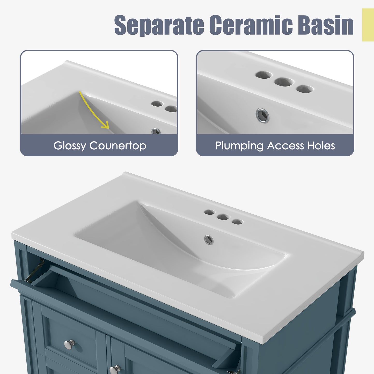 30'' Modern Bathroom Vanity with Sink & Storage - Blue