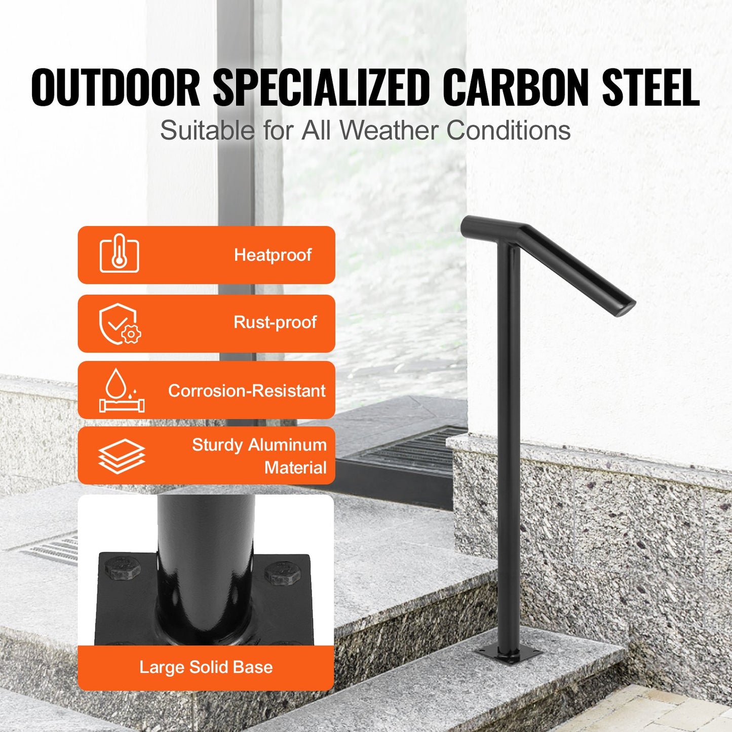 Black Steel Handrail for Outdoor Steps – 441LBS Capacity