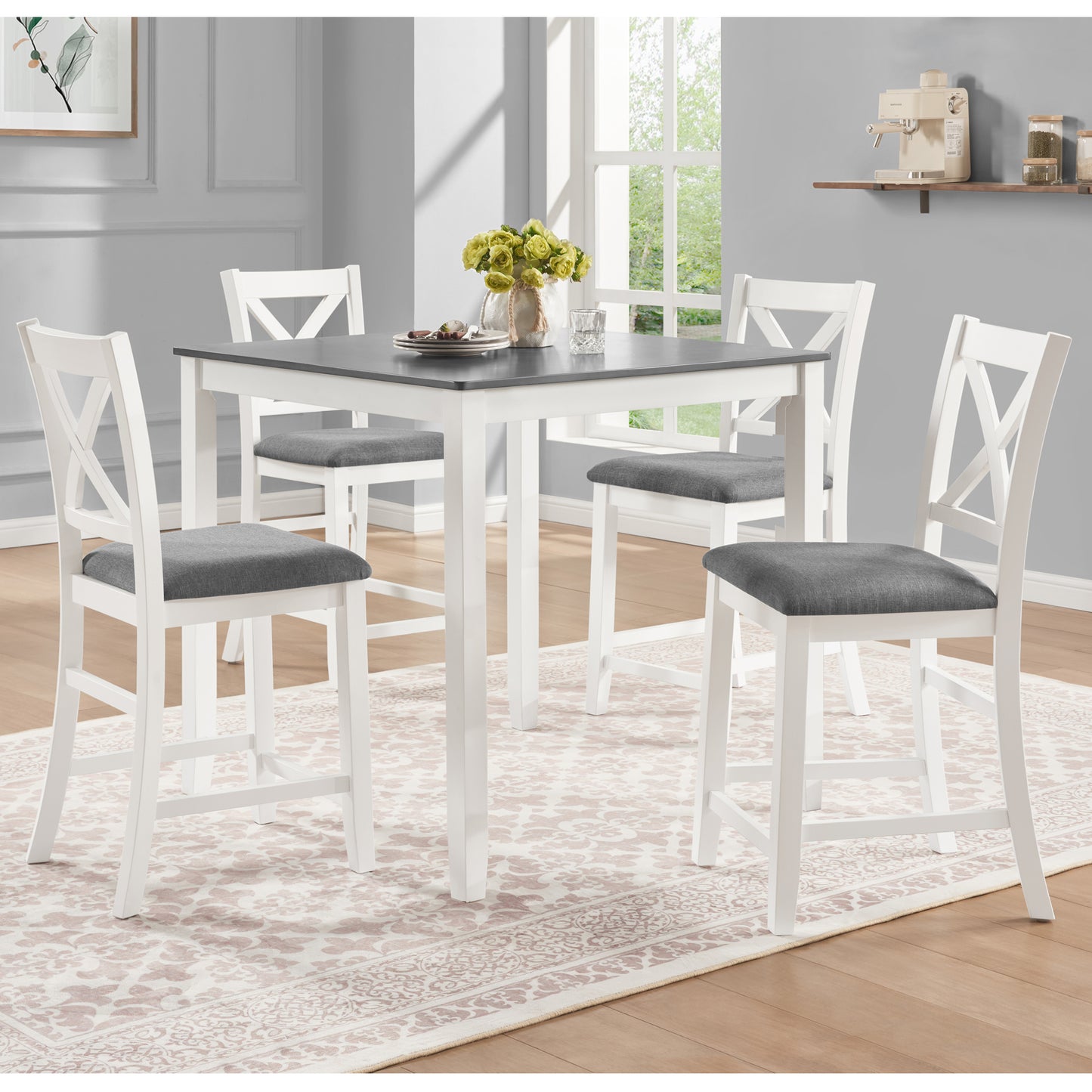 Counter Height Dining Table Set with 4 Chairs - Grey & White