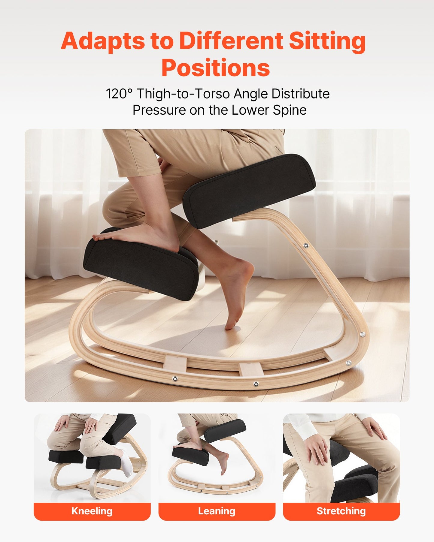 Ergonomic Kneeling Chair with Wooden Frame and Thick Foam Cushions - Adjustable Height for Posture Relief