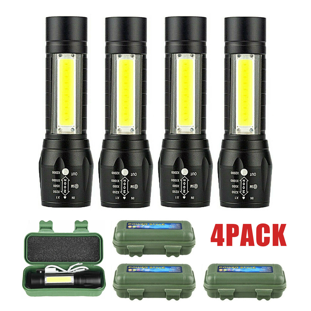 Rechargeable LED Flashlight Set with Zoomable Focus 3 Modes Waterproof Camping Light