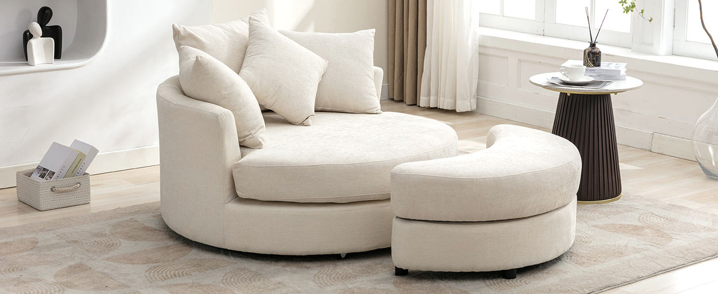 360° Swivel Accent Barrel Chair with Storage Ottoman & 4 Pillows - Cream