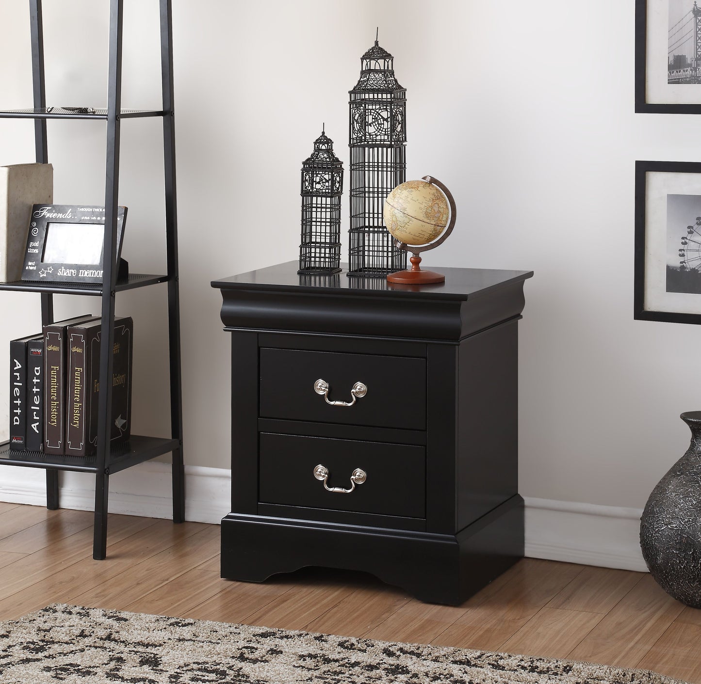 Black Finish Philippe III Nightstand with 2 Drawers