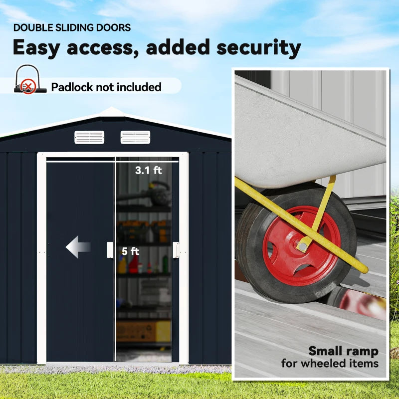 Outdoor Metal Storage Shed 9x6 ft with Foundation Kit - Weatherproof Garden Tool Storage