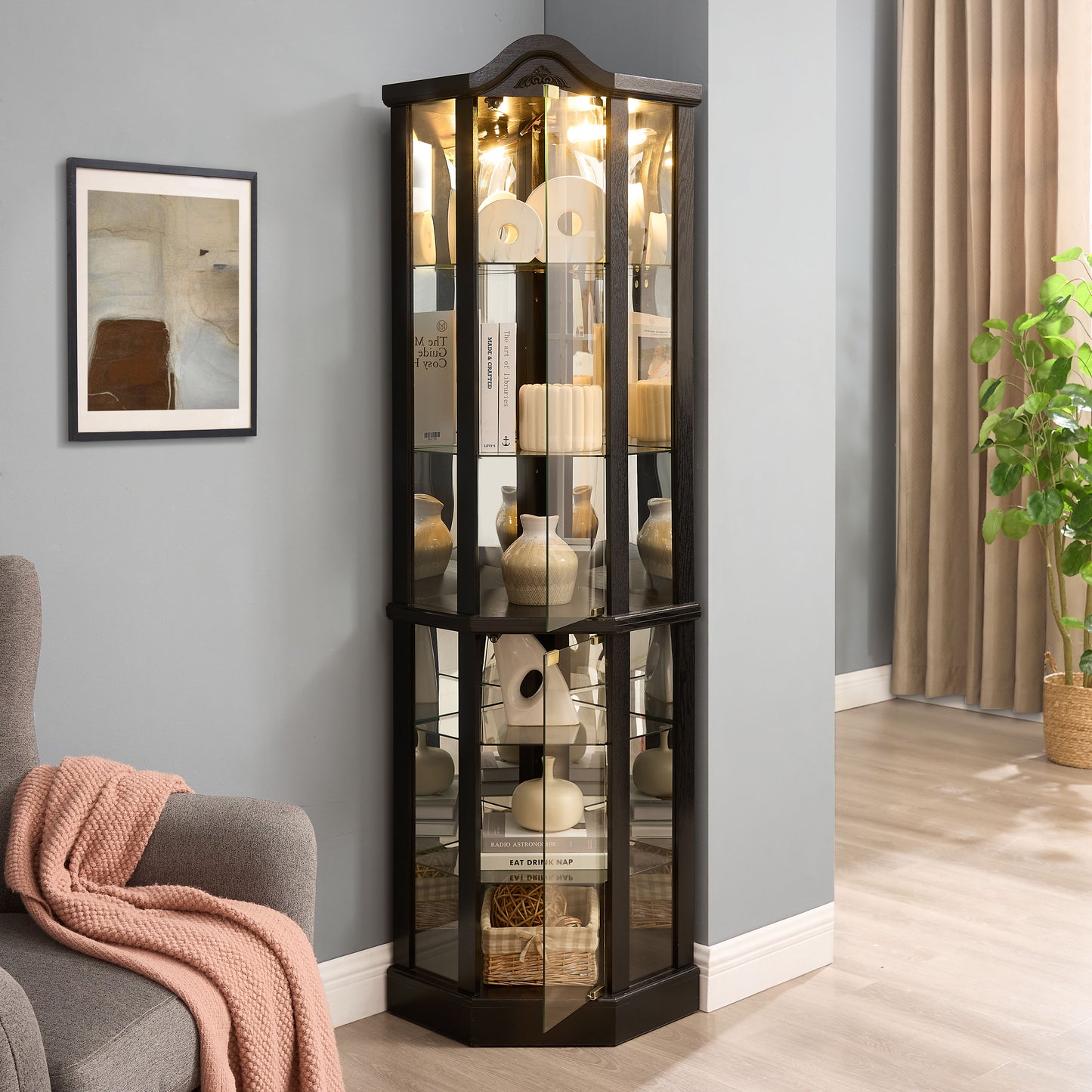 Lighted Glass Display Cabinet Corner Curio With Adjustable Shelves