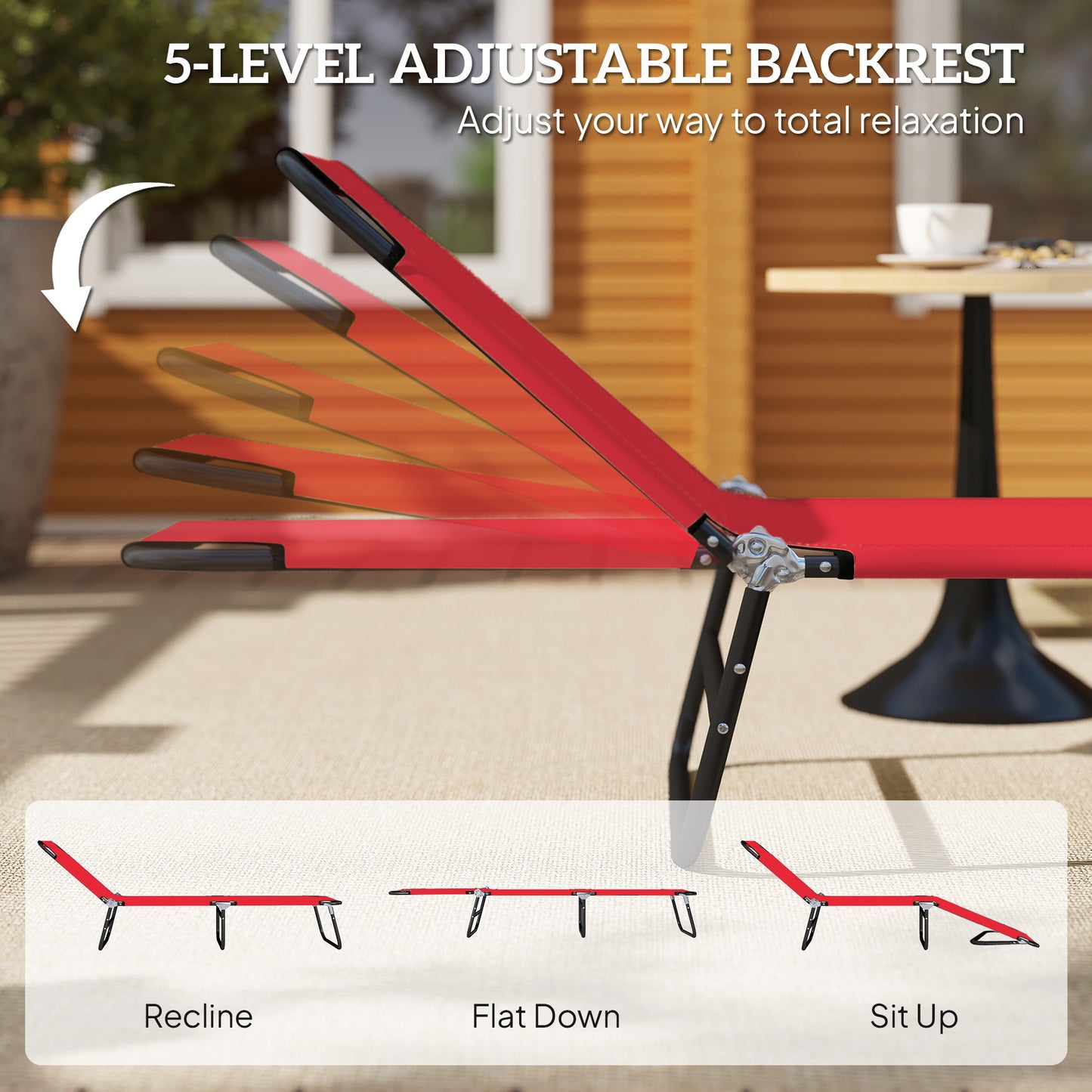 Folding Chaise Lounge Chair - 5-Level Recline, Steel Frame, Red