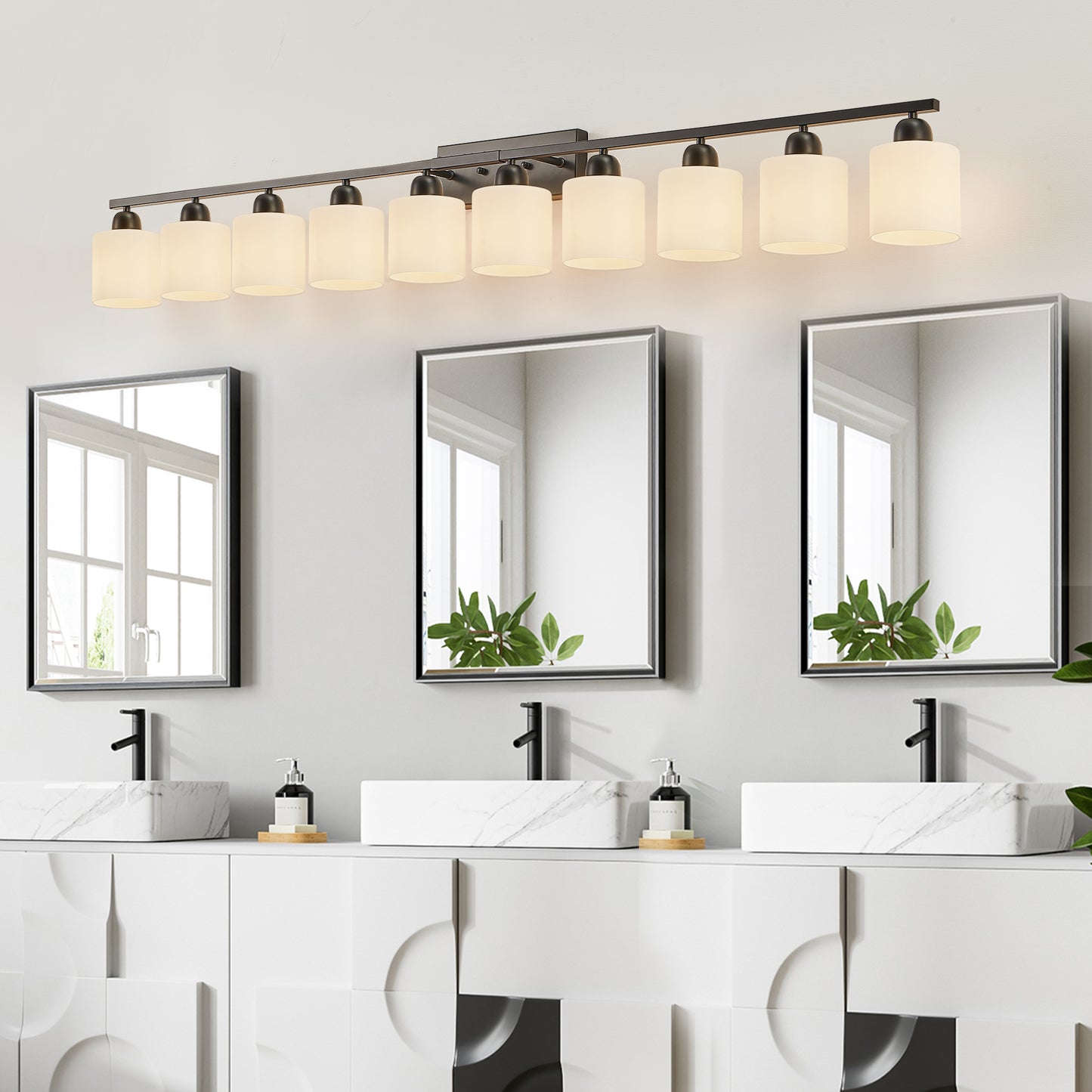 10-Light Bathroom Vanity Light Fixture - Matte Black with White Shades
